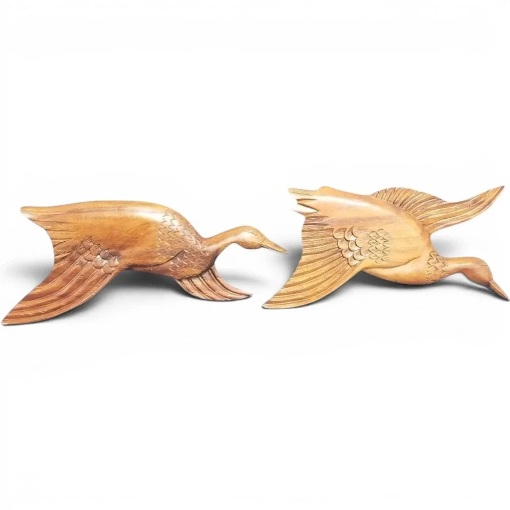 MCM Vtg Hand Carved Wood Flying Ducks Wall Art Set of 2 Mallards Philippines 16